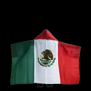 Front view of Mexico flag hooded cape with green white red stripes and crest
