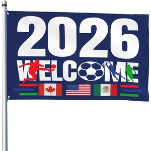Detail of 2026 World Cup flag with USA, Canada, Mexico flags and metal grommets