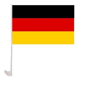 German car window flag with black red gold stripes and durable white plastic mounting clip