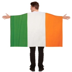 Detailed back view of a large Ireland flag cape worn by a fan for sporting events