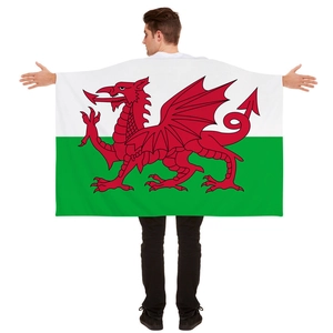 Detail view of the Wales flag shawl with the red dragon design for sports supporters