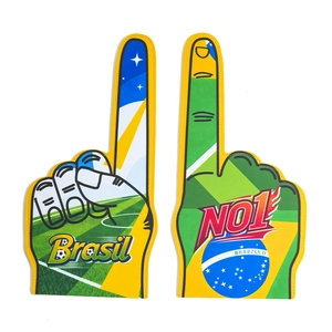 Detailed view of Brazil-themed EVA foam fingers with No.1 and Brasil printed graphics