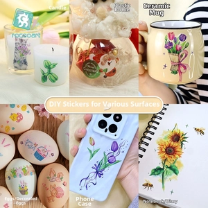 Detail showing multi-purpose DIY stickers applied to candles, plastics and ceramics
