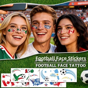 Detailed view of waterproof football fan face tattoos featuring national flag designs