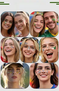 Detail of soccer themed temporary face tattoos featuring national flags and sports patterns