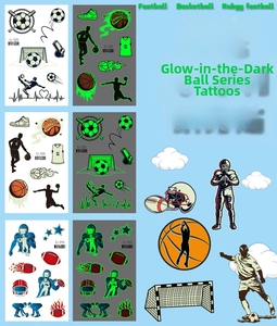 Tatouages temporaires lumineux sportifs avec motifs de football et basket-ball dans le noir