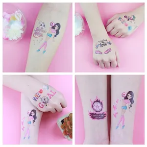 Cartoon soccer girl temporary tattoos for children showing sports patterns on skin