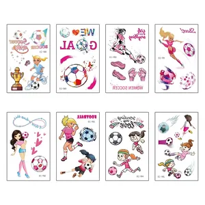 Eight sheets of colorful soccer-themed temporary tattoos for girls with cartoons and trophies