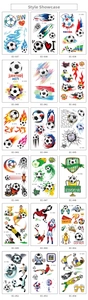 Detailed sheet of 18 waterproof soccer temporary tattoos with football and trophy designs