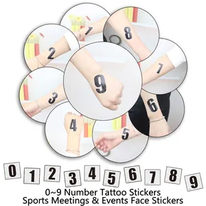 Waterproof temporary number tattoo set with digits 0-9 for sports events and face stickers