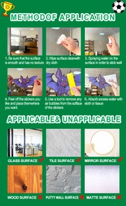 Detailed guide showing 6-step installation and surfaces for static cling bat wall decals