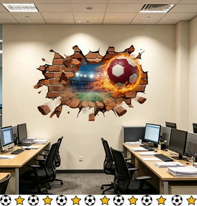 Detailed 3D soccer ball wall sticker with fire effect and stadium view inside broken wall