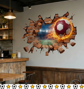 Close-up of 3D football wall sticker featuring a stadium scene breaking through a brick wall