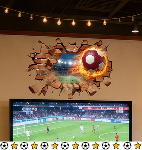 Detailed 3D soccer wall sticker with flaming ball breaking through brick wall for decor