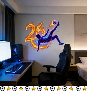 Dynamic 2026 World Cup football wall decal with neon player and orange flame design