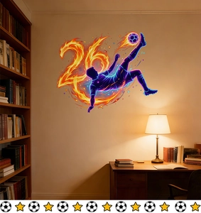 Detail of 2026 World Cup soccer player silhouette wall decal with neon fire effect