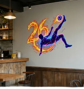 Detailed neon flame 2026 soccer wall sticker showing a player silhouette on a cafe wall