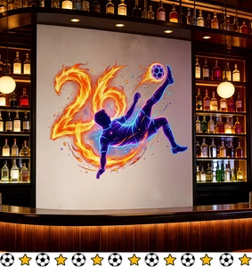 Close-up of a neon soccer player sticker with a flaming number 26 on a bar wall