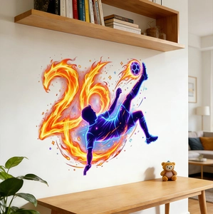 Detailed view of neon purple soccer player wall sticker with orange 26 flame design