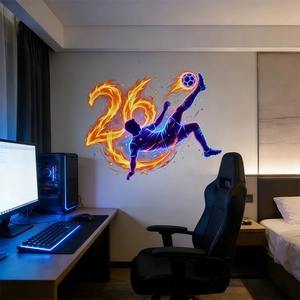 2026 Football World Cup wall sticker with soccer player silhouette and neon flame numbers