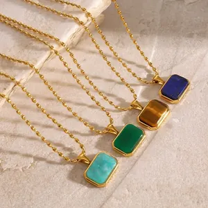 Stainless Steel Necklace With Rectangle Natural Stone Pendant Geometric Gold Bead Chain For Women Waterproof Jewelry