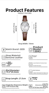 Detail view of oval silver quartz watch with a brown leather strap and specific dimensions