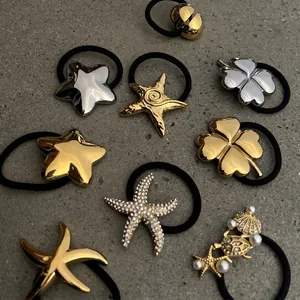 Stainless Steel Hair Tie Ponytail Holder Marine Starfish Turtle Shell Artificial Pearl Rhinestone Fashion Elastic Metal Headwear