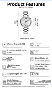 Technical specifications of GEDI silver stainless steel watch with white dial and blue hands