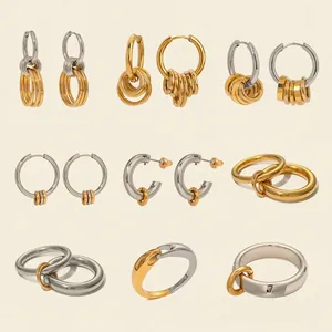 Minimalist Hoop Earrings And Interlocking Rings Two-Tone Gold Silver Stainless Steel Geometric Jewelry Hypoallergenic For Women