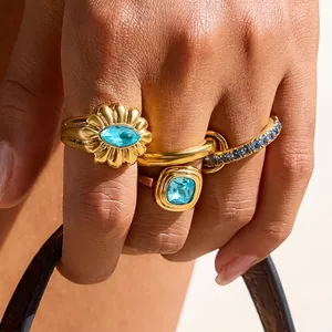 Fashion Blue Zircon Ring For Women Stainless Steel Gold Plated Geometric Retro Light Luxury Waterproof Hypoallergenic Jewelry