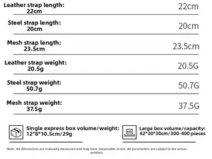 Size chart showing length and weight for leather, steel, and mesh strap quartz watches