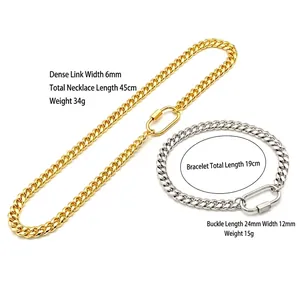 Hip-hop Cuban chain necklace and bracelet set with U-shaped carabiner clasp