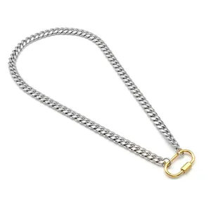 Stainless Steel Cuban Link Necklace Bracelet With Carabiner Clasp Gold Steel Two Tone Hip Hop Jewelry For Women Men