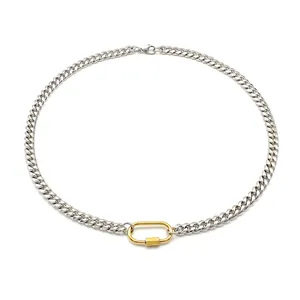 Silver Cuban link necklace with a gold carabiner pendant for a hip-hop industrial look