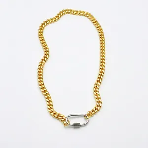 High-quality gold Cuban link chain necklace with silver U-shaped carabiner clasp