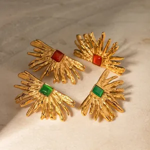 Sun Radiated Stud Earrings Irregular Stainless Steel 18K Gold Plated Vintage Square Red Green Cat Eye Stone Jewelry Women