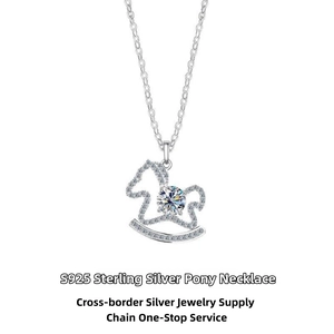 Detailed macro view of S925 sterling silver rocking horse pendant with pavé diamonds