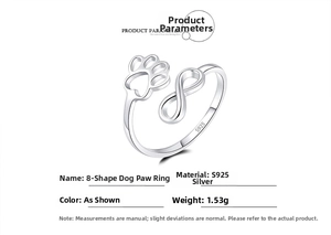 Macro shot of S925 sterling silver infinity ring with hollow pet paw print detail