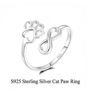 S925 Sterling Silver Infinity Cat Paw Ring Adjustable Open Footprint Personalized Animal Jewelry For Women