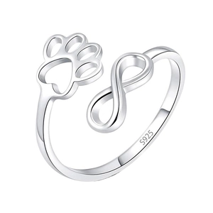 S925 sterling silver infinity ring with cat paw print, adjustable open band design