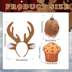 Size chart showing reindeer antlers headband, plush tail, and cupcake accessory dimensions