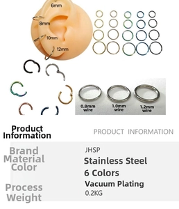Detail showing various sizes and gauges of stainless steel seamless rings for nose and ear