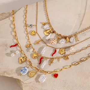 Stainless Steel Necklace With Artificial Baroque Pearl Ceramic Bead Heart Shell Pendants Waterproof Vintage Boho Jewelry Women