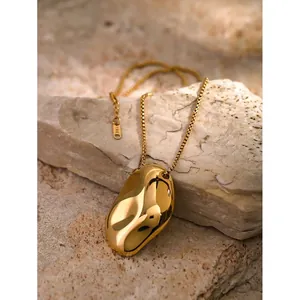 18K Gold Plated Stainless Steel Irregular Hammered Pebble Pendant Necklace For Women Men Trendy Ins Style Box Chain Jewelry