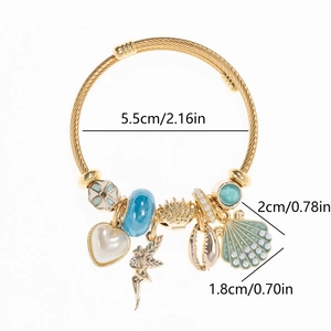 Adjustable golden bangle with pearl shell and heart pendants, 5.5cm inner diameter view