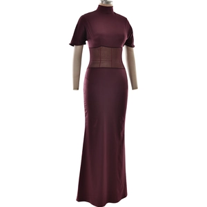 Detail of burgundy maxi dress featuring high neck and sheer black mesh waist paneling