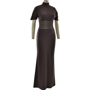 Detail of dark brown mock-neck dress featuring a sheer mesh waist insert and floor-length cut