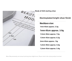 Size guide for S925 sterling silver snake chain necklaces with various thickness options