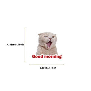 Detail view of 5.39cm funny orange cat sticker with Good Morning text and size measurements