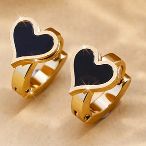 Minimalist double layer heart hoop earrings with gold plating and black enamel inlay
